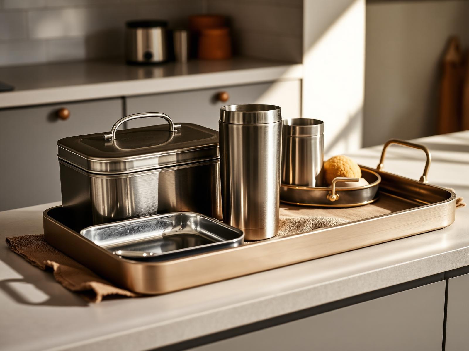 ZAQEVORA launch collection: stainless lunch box, tumbler and brushed steel tray on a warm kitchen counter